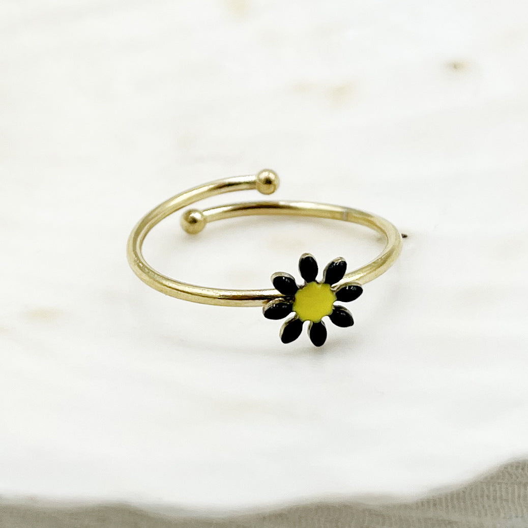 Wholesale Colorful Oil Drip Sunflower Adjustable Titanium Steel Ring